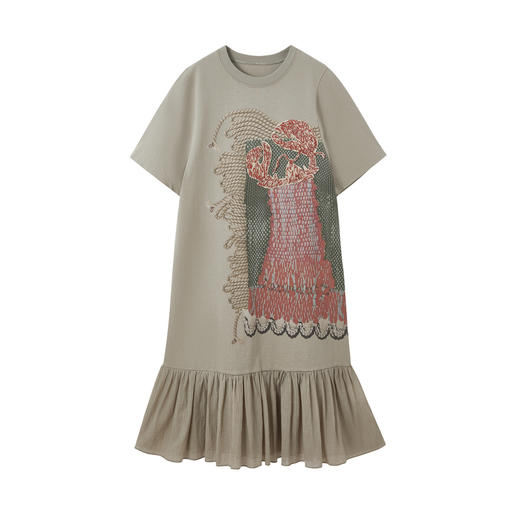 谜底印花连衣裙短袖2026年夏季新品下摆轻盈捏褶T恤裙女262ML0678 商品图4