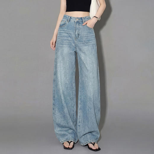 西遇高街复古2026春新款女水洗高腰显瘦垂感阔腿裤直筒牛仔裤H0060234 商品图0