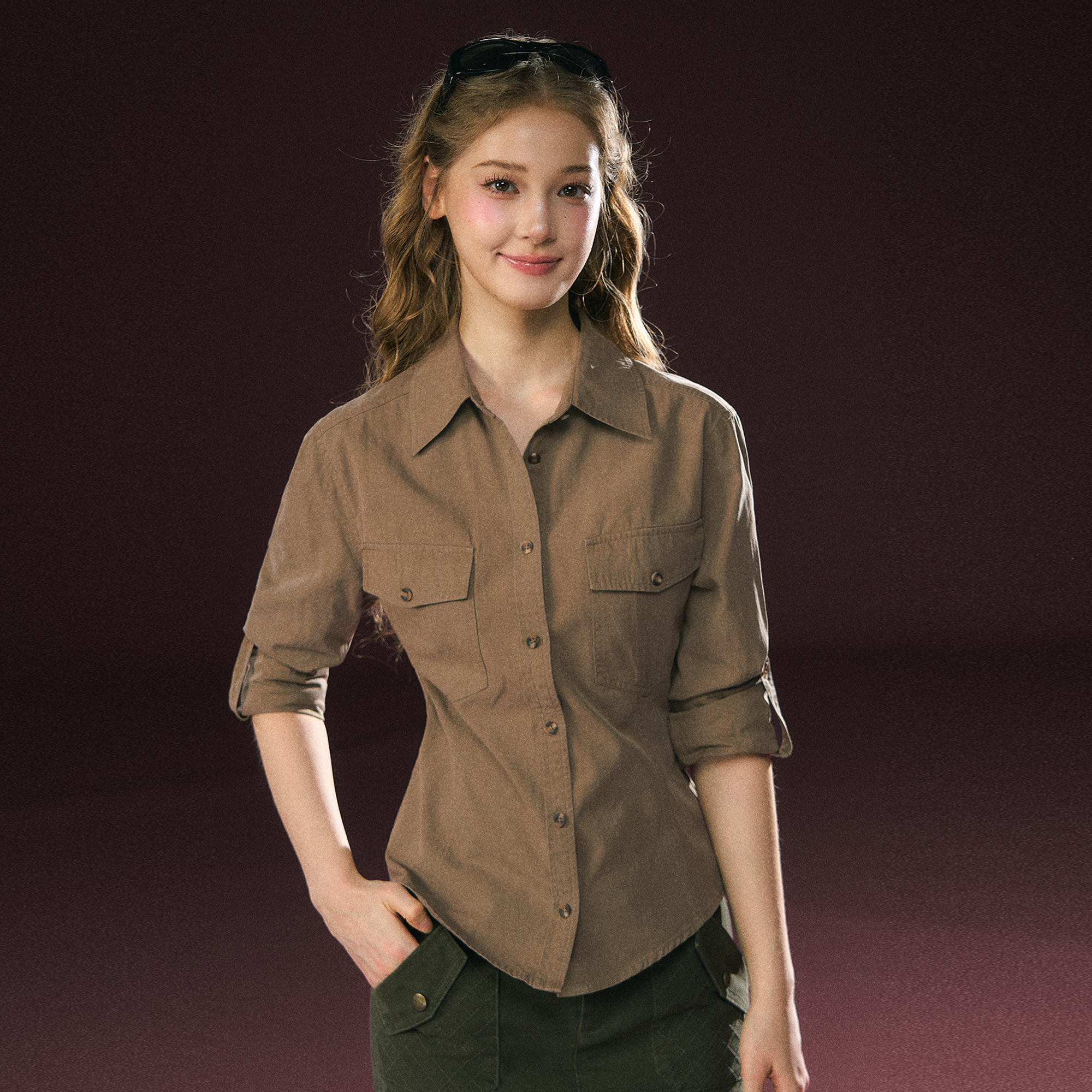 Ariseism 美式复古纯色百搭衬衫女春季新款上衣