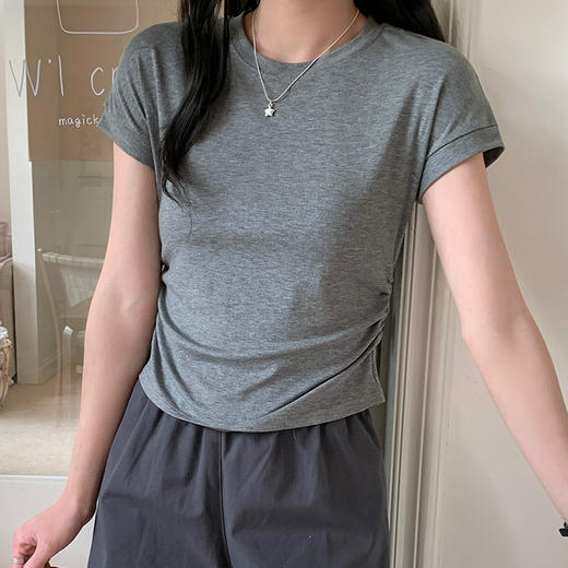 【99元2件】【T恤】夏季纯色收腰褶皱莱赛尔圆领T恤正肩短袖女百搭修身显瘦 内搭【FF26512】 商品图2