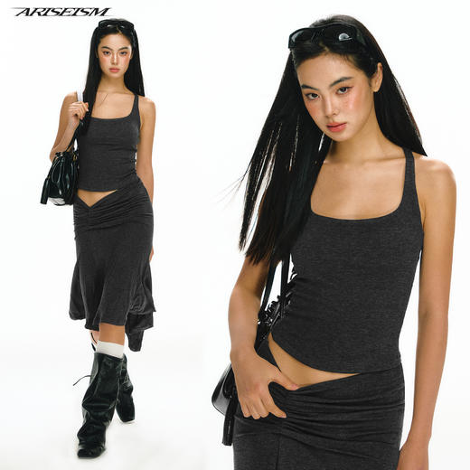 Ariseism 美式复古花灰色工字背心半裙套装女夏两件套 商品图0