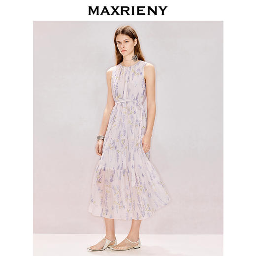 MAXRIENY无袖收褶系带印花连衣裙2026年夏季新款中长款圆领长裙(货号:MZ80DR003) 商品图0