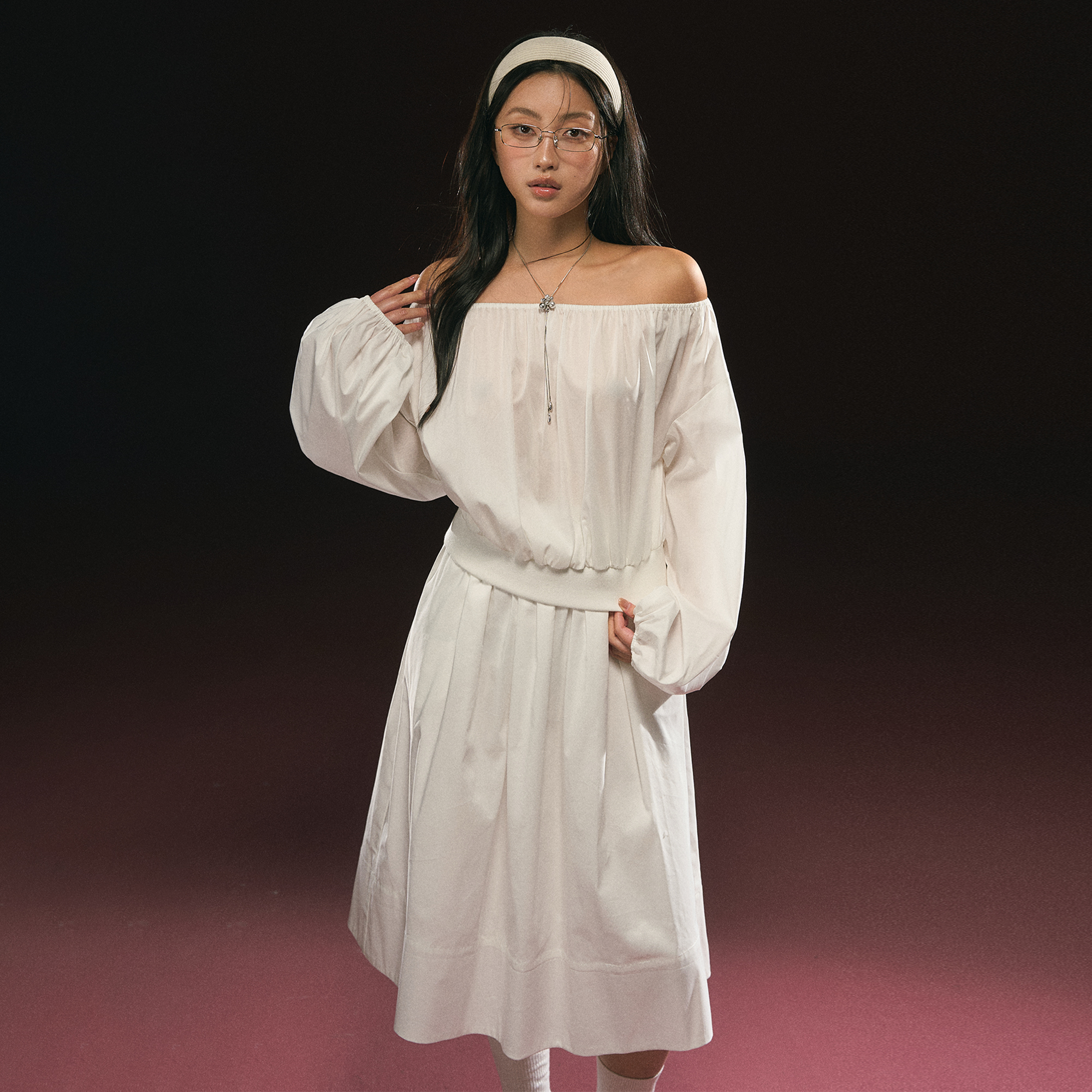 Ariseism 美式复古白色一字肩套装女春季新款两件套