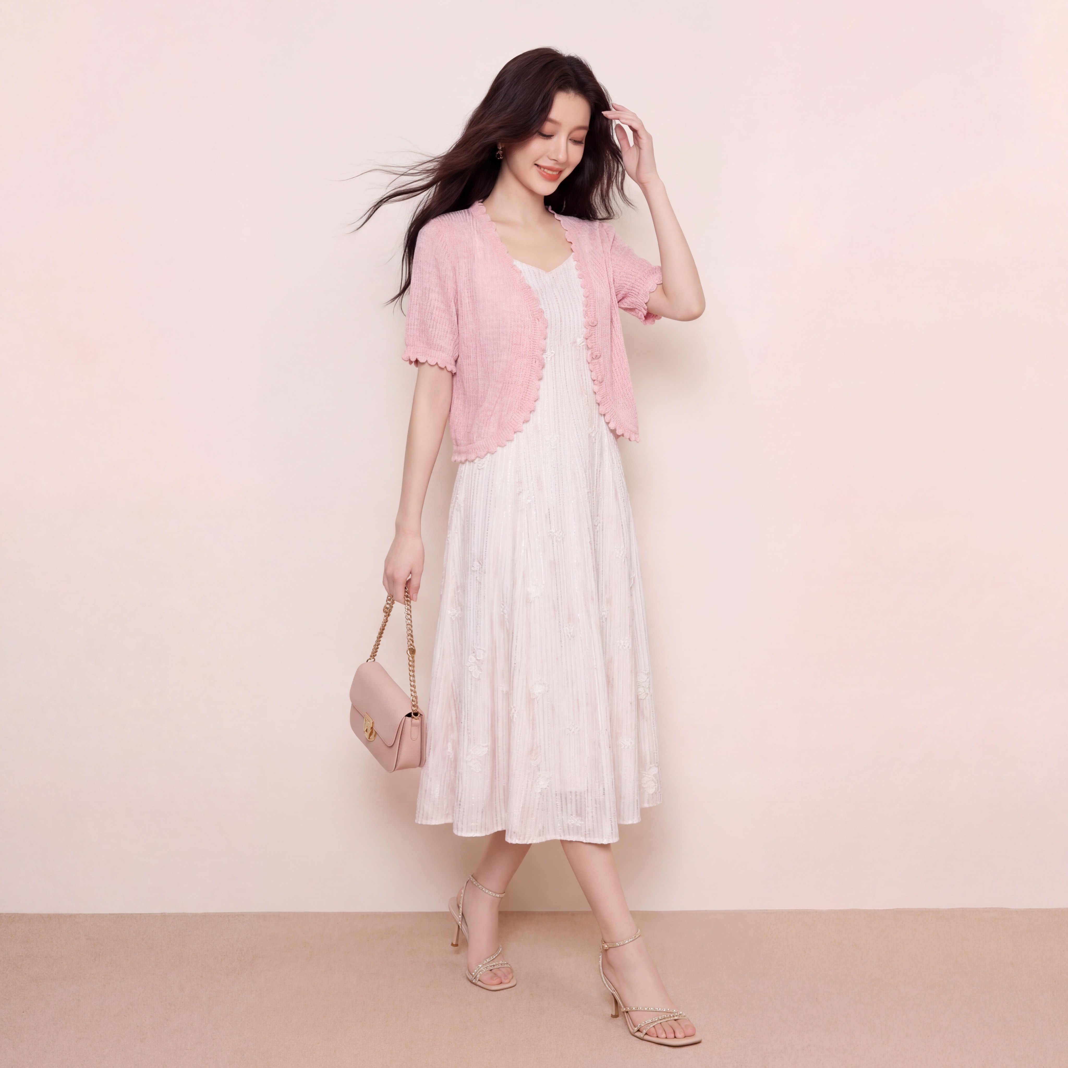 奢姿大码女装2026夏季波浪减龄绣花V领两件套胖妹妹时尚甜美套装9962994478AB