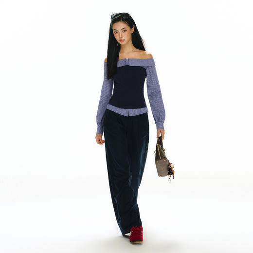 Ariseism 美式复古一字肩长袖上衣长裤套装女春两件套 商品图4