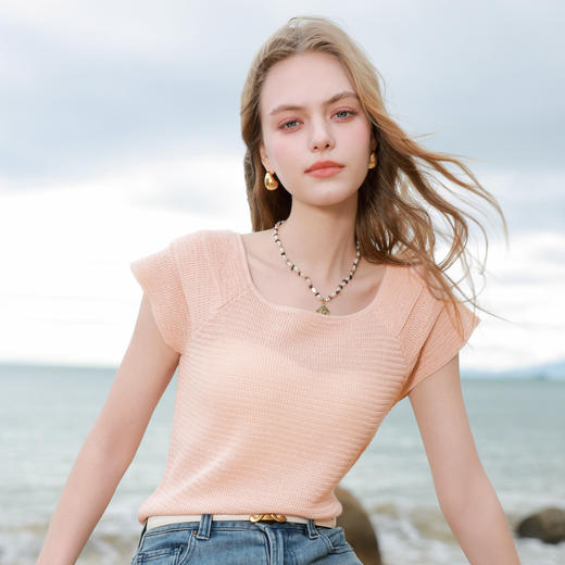 三彩2026夏季新款镂空针织衫U领飞飞袖毛衫薄款套头短款上衣M 商品图1