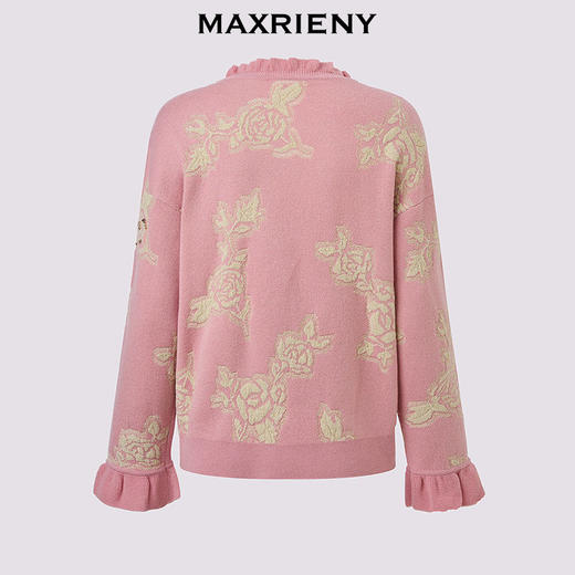 MAXRIENY撞色提花大V领毛衣2026年春季粉色针织开衫荷叶边针织衫(货号:MF80JA019) 商品图4