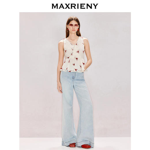 MAXRIENY立体绣花衬衫2026年春季新款无袖V领衬衣米白色收腰上衣(货号:MF80TP004) 商品图1