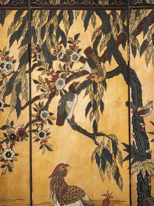 独角鹿西洋古董20世纪初期中国出品花鸟山水主题六曲款彩屏风 商品图7