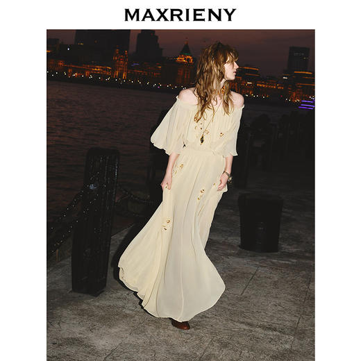 【主题纪念款】MAXRIENY半夏玫瑰长裙一字肩收腰连衣裙高级气质感(货号:MC86DR083) 商品图0