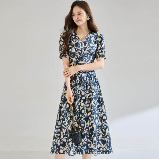 「高货sh」全新升级【铂金会员293/天猫399/差价106】(15808)洛诗琳气质印花短袖连衣裙2026新款系带收腰显瘦茶歇裙 商品图2