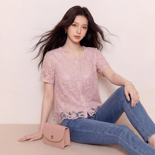 奢姿大码女装2026夏季优雅波浪摆上衣胖妹妹小香风蕾丝刺绣衬衫9962294610 商品图1