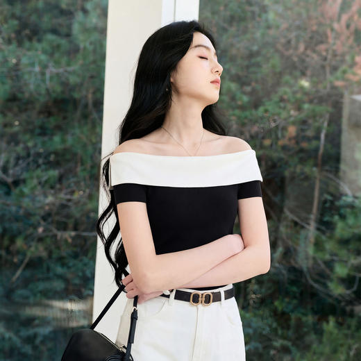 三彩2026夏季新款修身短袖一字领针织衫上衣套头短款毛衫气质S 商品图1