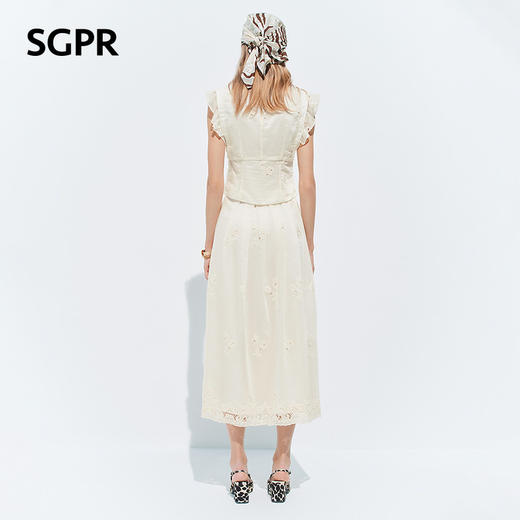 【SGPR】奶油白色半身裙2026年夏季新款高腰压褶半裙镂空蕾丝长裙(货号:MU80SK016) 商品图3
