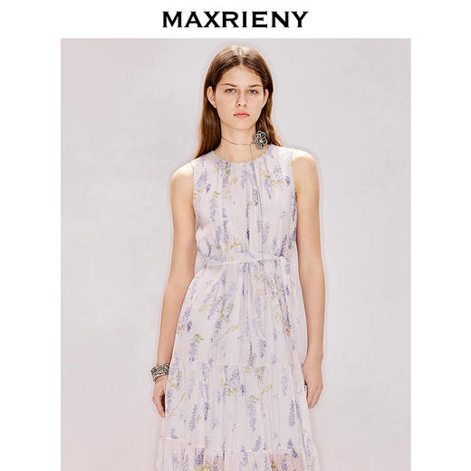 MAXRIENY无袖收褶系带印花连衣裙2026年夏季新款中长款圆领长裙(货号:MZ80DR003) 商品图1