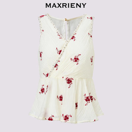 MAXRIENY立体绣花衬衫2026年春季新款无袖V领衬衣米白色收腰上衣(货号:MF80TP004) 商品图4