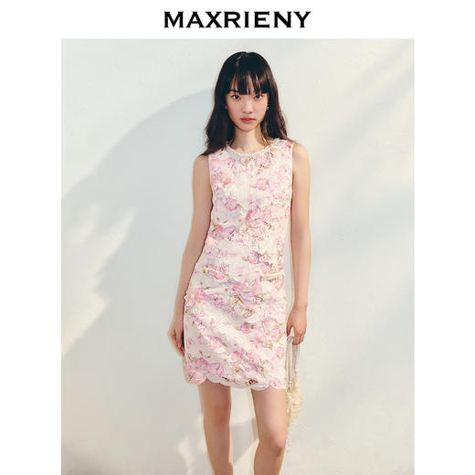 【商场同款】MAXRIENY浪漫中式粉花连衣裙改良旗袍裙复古碎花无袖(货号:MC86DR043) 商品图0
