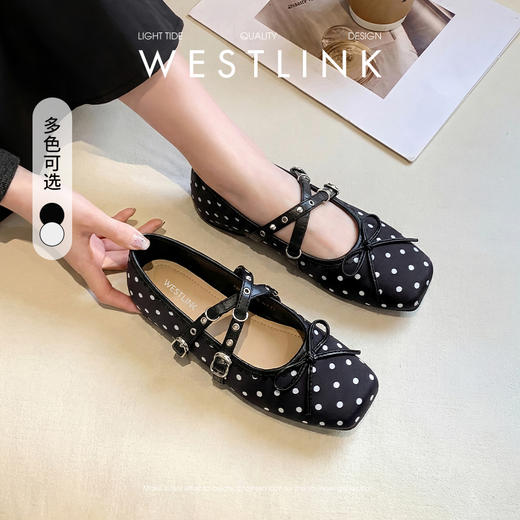 西遇芭蕾玛丽珍鞋女2026新款春季白色波点平底单鞋内增高小皮鞋子V0566344 商品图0