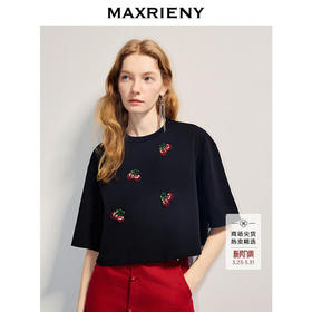 【商场同款】MAXRIENY甜美风樱桃刺绣中袖T恤25夏款落肩上衣女(货号:MC86TS254)
