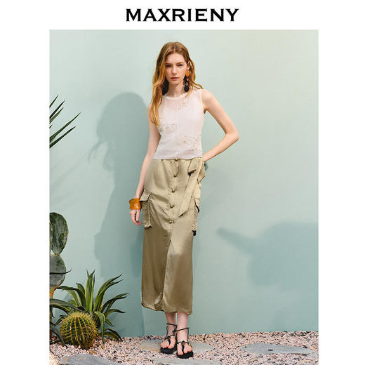 【商场同款】MAXRIENY通勤工装口袋直筒半裙25夏款军绿色醋酸裙子(货号:MC86SK275) 商品图1