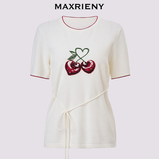 【李兰迪同款】MAXRIENY甜美风樱桃钉珠绣花短袖毛衫收腰系带上衣(货号:MC86SW267) 商品图4