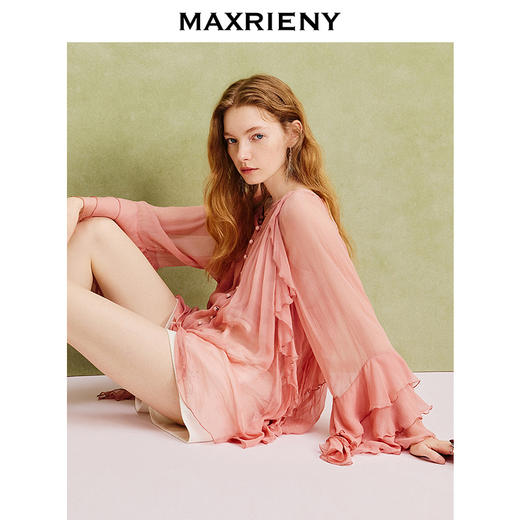 【商场同款】MAXRIENY精致复古v领垂感雪纺衫上衣女长袖夏季薄款(货号:MC86TP069) 商品图0