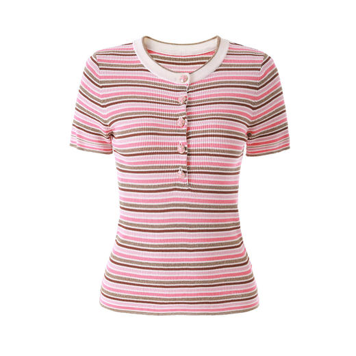 「高货wl」全新升级【铂金会员201/天猫269/差价68】(21214)洛诗琳曲珠纱嵌金线针织T恤女2026夏季新款条纹短袖上衣 商品图4