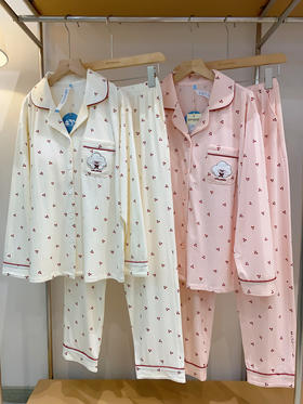 松植屋女款莱卡棉带胸垫长袖睡衣套装可外穿家居服