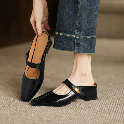 阿么手工女鞋粗跟一字带穆勒拖鞋夏季小方头复古风浅口包头拖4CM 商品图2
