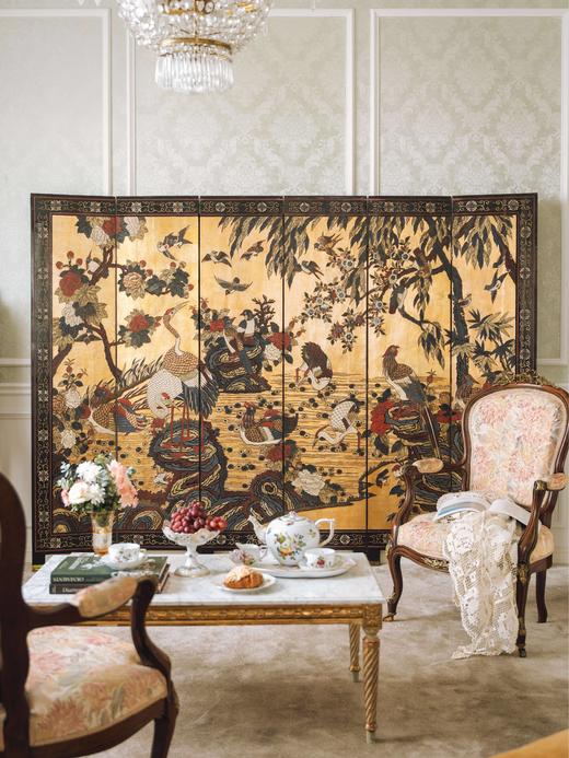 独角鹿西洋古董20世纪初期中国出品花鸟山水主题六曲款彩屏风 商品图0