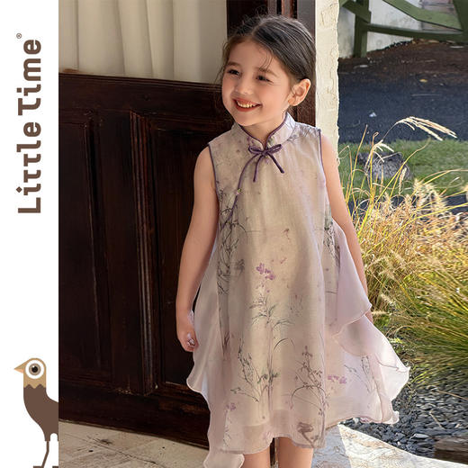 littletime女童新中式国风连衣裙夏季无袖立领印花旗袍裙公主裙 商品图1