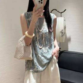 蓝田生烟~100%真丝丝绒圆领宽松无袖背心女休闲气质马甲