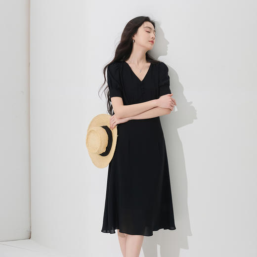 【醋酸】三彩2026夏季新款法式小黑裙连衣裙收腰A字裙中长裙S 商品图3