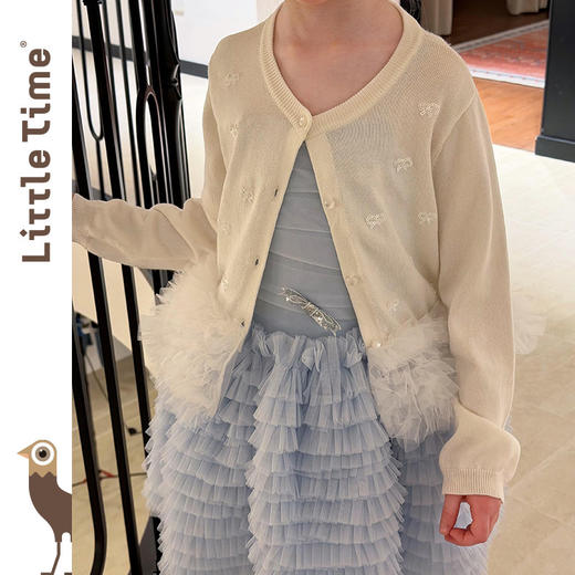 littletime甜美女童粉色珍珠蝴蝶结针织空调衫拼接网纱蛋糕摆开衫 商品图3
