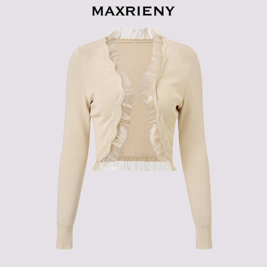MAXRENY卡其色针织衫2026年春季新款针织开衫荷叶边毛衣短款上衣(货号:MF80JA003) 商品图4