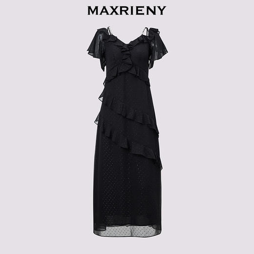 MAXRIENY法式复古花边收腰连衣裙25夏款浪漫赫本风长裙约会小黑裙(货号:MS86DR088) 商品图4