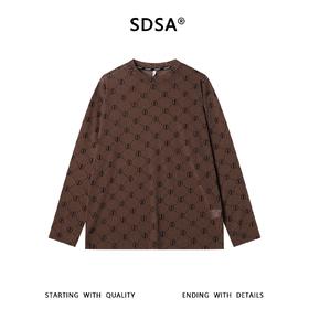 SDSA男装2026新款高贵轻奢美式复古植绒满印设计圆领长袖T恤百搭