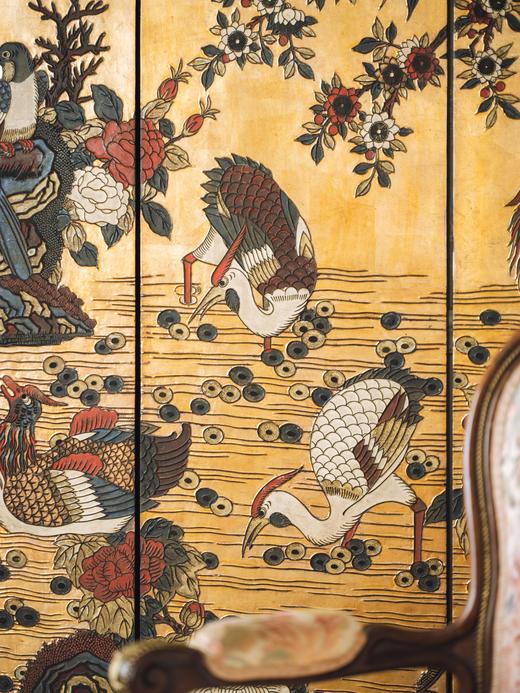 独角鹿西洋古董20世纪初期中国出品花鸟山水主题六曲款彩屏风 商品图6