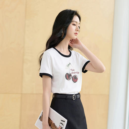 三彩2026夏季新款撞色圆领短袖T恤小樱桃字母上衣套头休闲S 商品图1