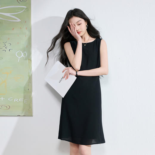 【醋酸】三彩2026夏季新款小黑裙连衣裙圆领无袖收腰A字裙简约S 商品图3