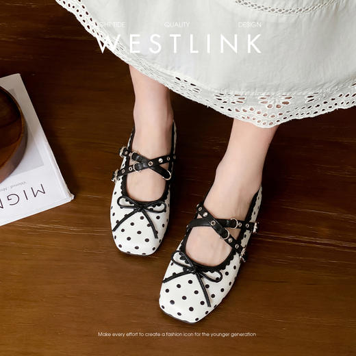 西遇芭蕾玛丽珍鞋女2026新款春季白色波点平底单鞋内增高小皮鞋子V0566344 商品图1