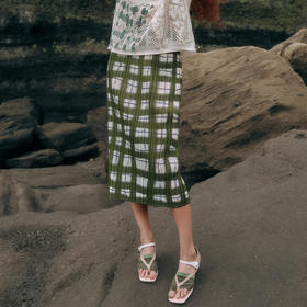 谜底压褶半裙2026夏季新品H型修身绿色格纹文艺中长裙女262MB0629