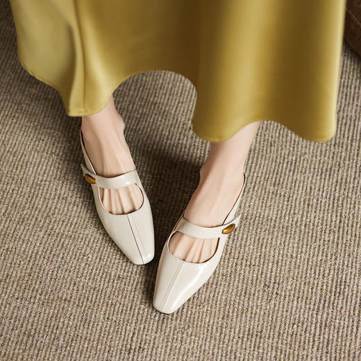 阿么手工女鞋粗跟一字带穆勒拖鞋夏季小方头复古风浅口包头拖4CM 商品图3