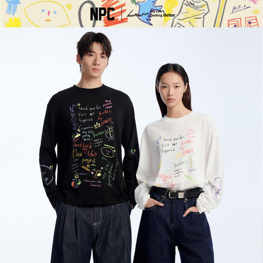 NPC潮牌仿手绘涂鸦竹节棉长袖T恤亲肤毛巾布百搭情侣款NP61TL25 商品图0