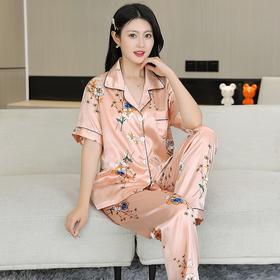 【冰凉透气！不起球】冰丝睡衣女夏高级感短袖长裤套装薄款开衫仿真丝可外穿大码家居服。xa