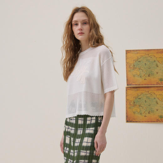 谜底套头针织衫短袖2026夏新品绣花钉珠透气舒适毛衣女262MZ0763 商品图1