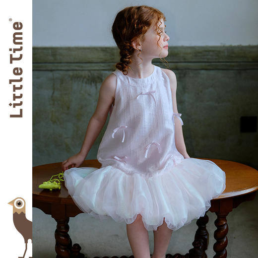 littletime千金风淡粉色挂脖连衣裙女童蝴蝶结花苞裙幻彩公主裙 商品图0