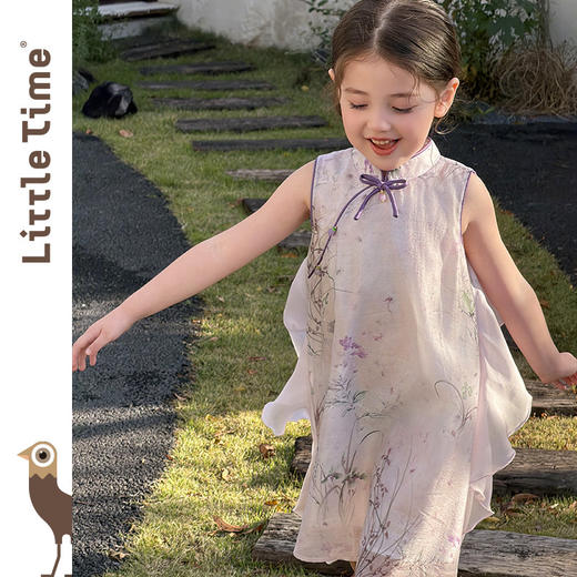 littletime女童新中式国风连衣裙夏季无袖立领印花旗袍裙公主裙 商品图4