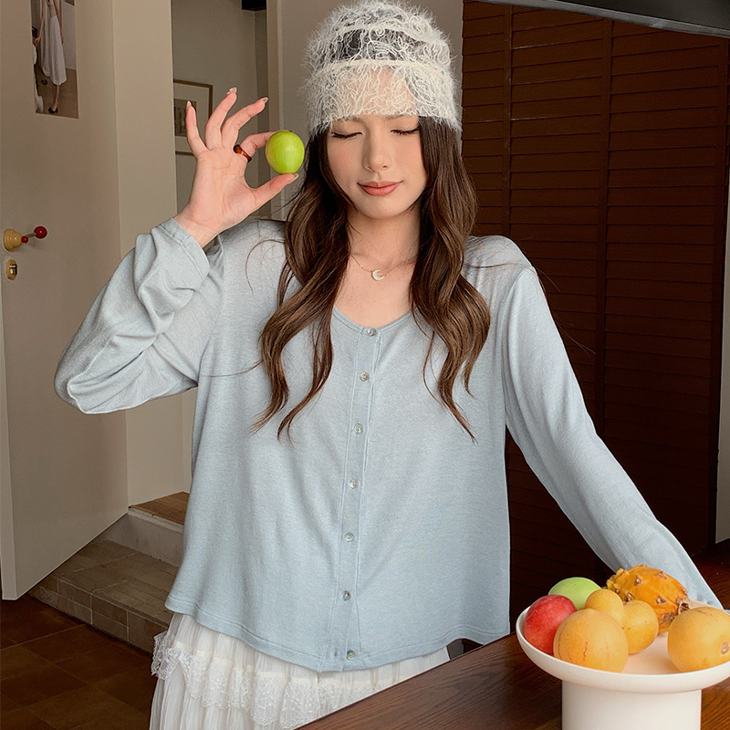 森岛醋酸亚麻针织开衫女天丝简约亲肤纽扣上衣肌理感百搭薄款外套