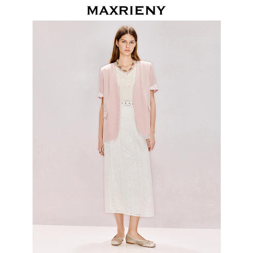 MAXRIENY藕粉色西装2026年春季新款钉珠蕾丝天丝轻薄短袖西服外套(货号:MF80JA002) 商品图1